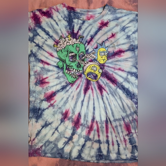 💀Rick and Morty Tie Dye Skull Tee trippy zombie neon large graphic unisex teen - Picture 3 of 7